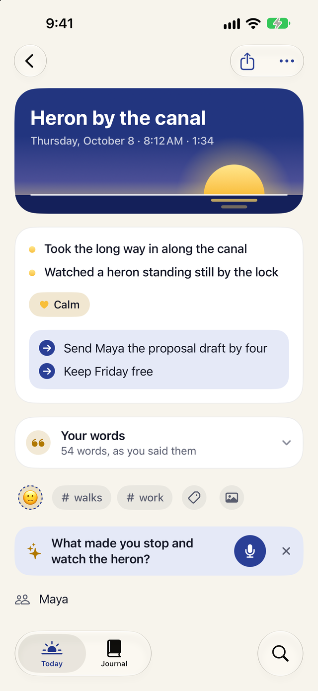 An entry called Heron by the canal, laid out as short points with a Calm mood, two next steps and a follow-up question