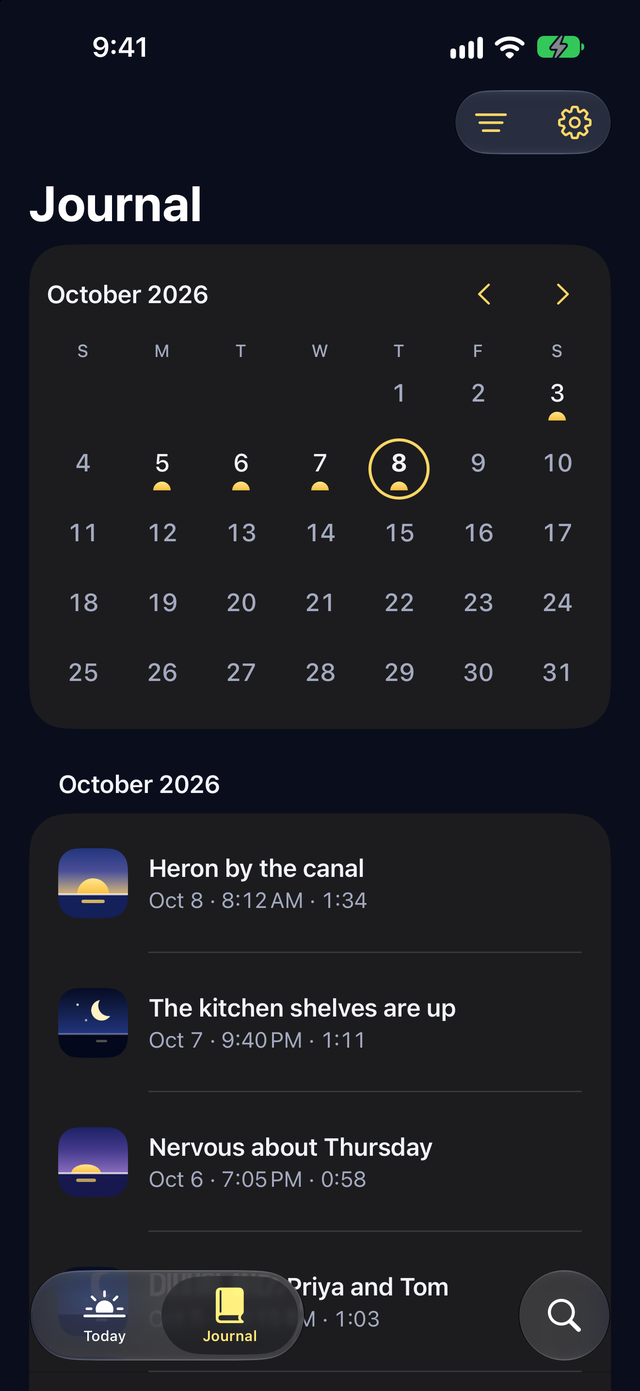 The Journal calendar for October 2026 in dark mode, with a small sun under each day that has an entry