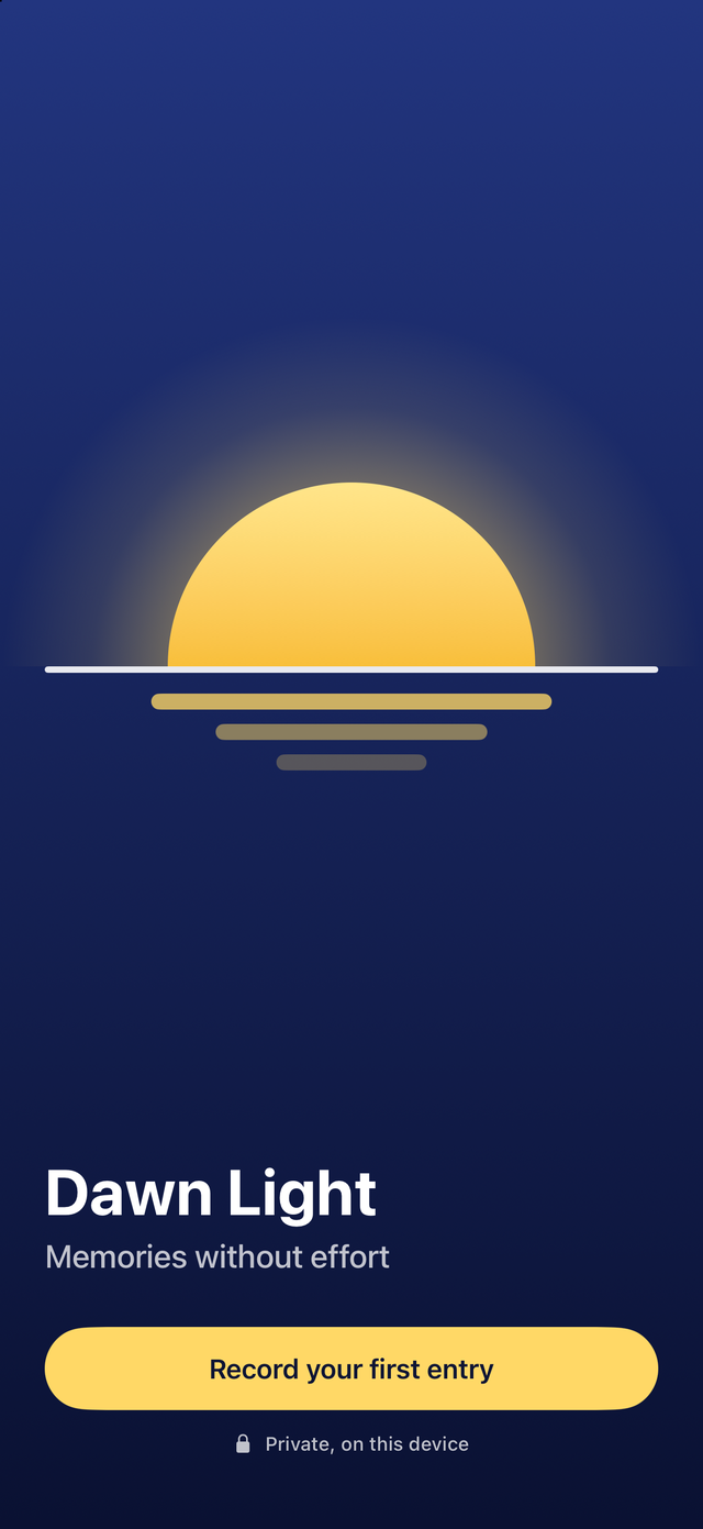 Dawn Light's welcome screen, a sunrise over water with a Record your first entry button
